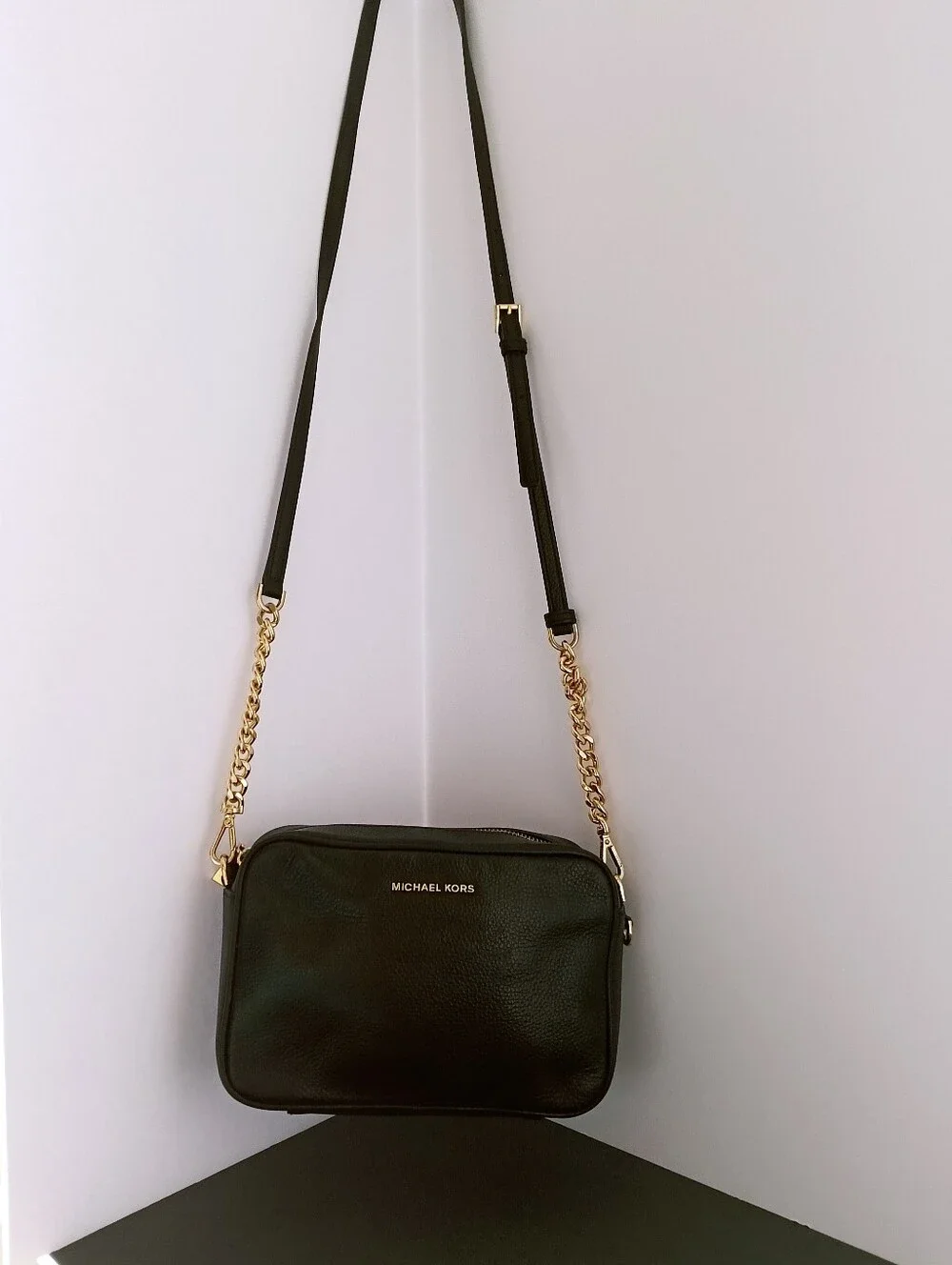 Michael Kors Black Leather Crossbody with Gold Chain Strap